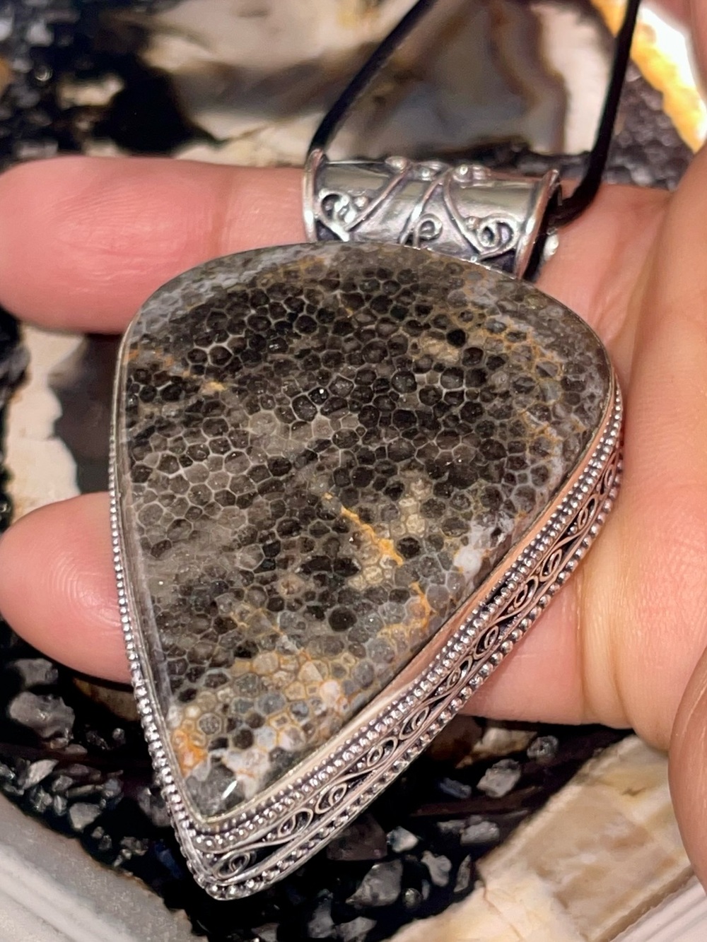 Large Dark Fossilized Coral Pendant 2 1/2”